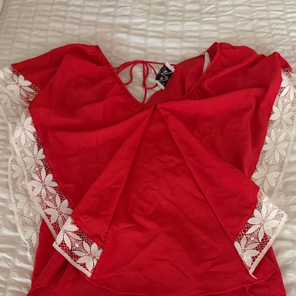 Red Lace Trim Women's Top